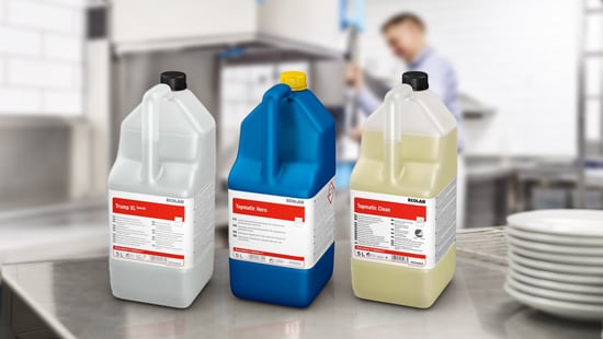 Three 5 litre Ecolab machine liquid detergents, from left to right;  Trump XL Special, Topmatic Hero and Topmatic Clean
