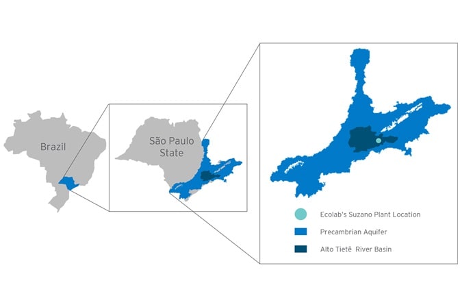 map of brazil locating ecolab’s suzano plant location, the Precambrian aquifer and Alto Tietê river basin
