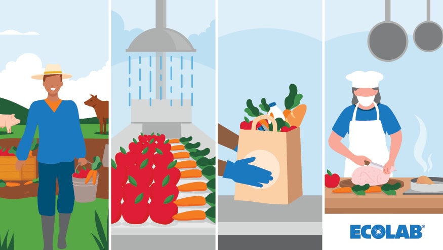 A four-tile infographic showcasing a story of food safety for World Food Safety Day. The first tile depicts a farmer, produce and livestock. The second shows produce getting washed. The third is groceries in a shopping bag, and the forth is a mask-donning cook preparing food in a kitchen, and the Ecolab logo.