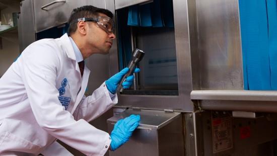 Ecolab Expert examining a dishmachine in the Ecolab rental program