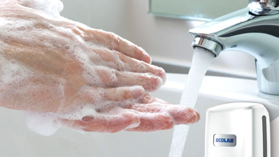 Hand Hygiene for LTC and Facilities Hands being washed in sink with Ecolab branded product.