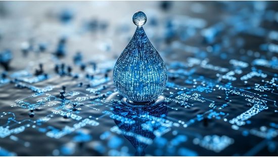 Digital water drop icon features cascading binary code, symbolizing the fusion of technology and nature, representing data flow and innovation in the digital age