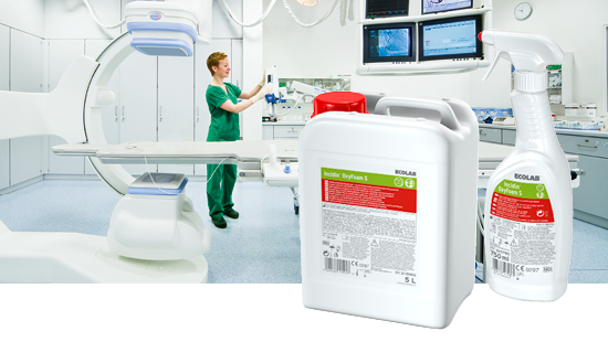 Modern medical facility with a healthcare professional in green scrubs and two Ecolab cleaning products in the foreground.