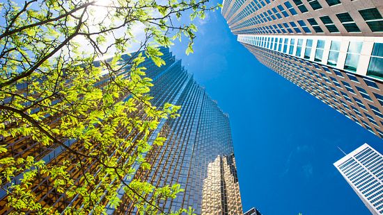 View from ground up of skyscrapers.